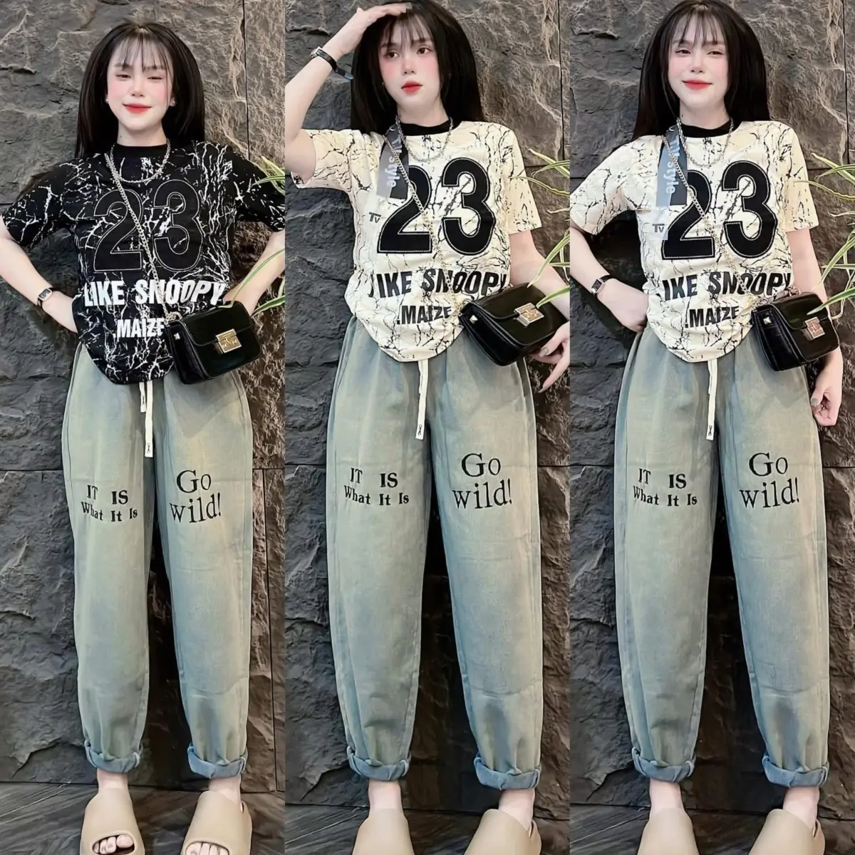 Sét Bộ Jean Áo Cổ Tròn In Số Hai Ba Kèm Quần Jean Baggy Trơn Thêu Chữ,Jean Mềm Không Giãn Phom 45-65kg,Mặc Thoải Mái Đi Chơi Đi Du Lịch Top Women Kem Nữ Voi Pants