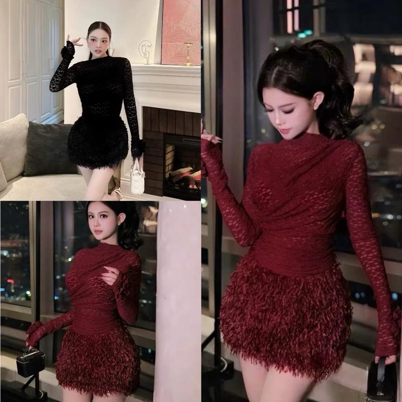 Sét áo ren nhún TD kèm chân váy LÔNG VŨ dáng ngắn ( FULL LÓT ÁO ) Nữ Dress - DinhLanAnhStore