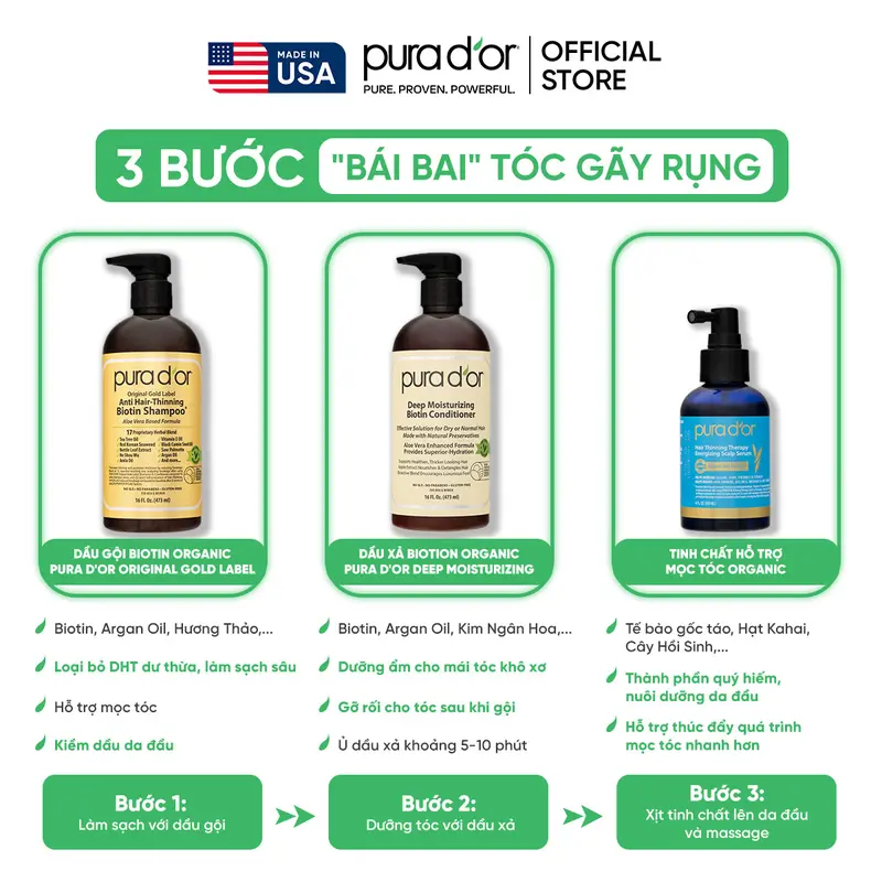 Combo 3 Bước Dầu Gội, Dầu Xả, Giảm Rụng Tóc Organic Pura D'or Biotin Gold Label 473ML | Chăm Sóc Tóc, Chăm Sóc Da Đầu, Dưỡng Tóc, Hỗ Trợ Mọc Tóc - Mega livestream 3
