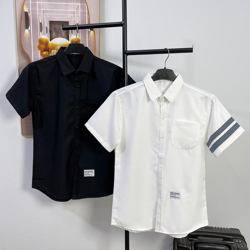 Áo sơ mi nam nữ ngắn tay phối 2 vạch xám mẫu mới shop chụp Trắng Menswear Có Cổ giặt bằng nước lạnh đồng