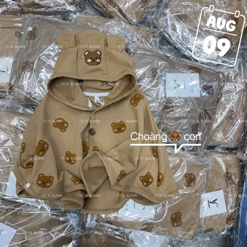 Áo choàng đi nắng-đi tiêm hình gấu cho bé hàng siêu hót quảng châu tay có cúc bấm 0