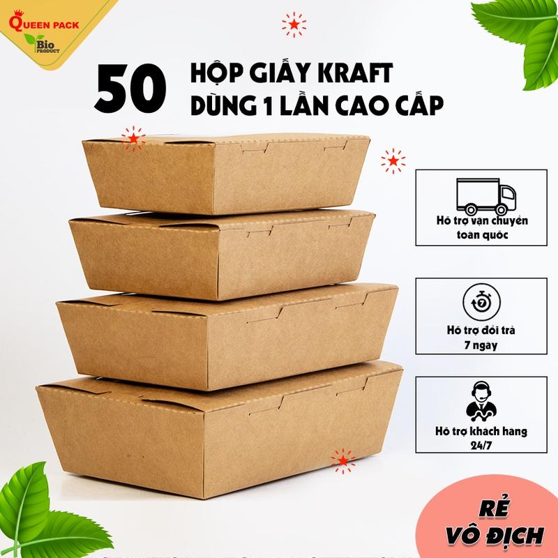 Set 50 Hộp Giấy Kraft Nắp Gấp Chữ Nhật Đựng Thức Ăn, Cơm, Mì Phở Dùng Cho Nhà Hàng