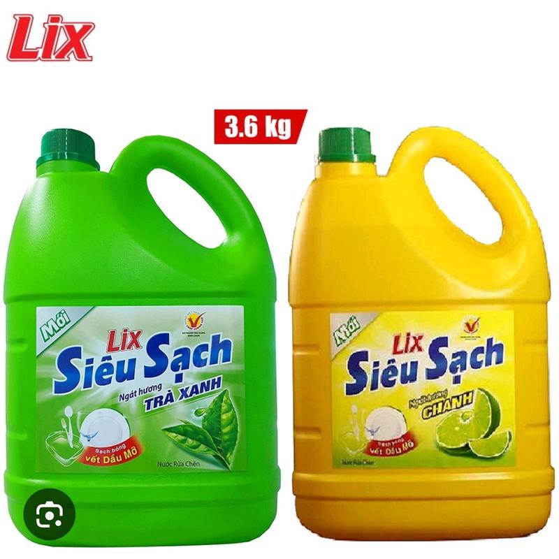  1 can nước rửa chén Lix 3.5kg  2 mùi  hương trà xanh hương chanh 
