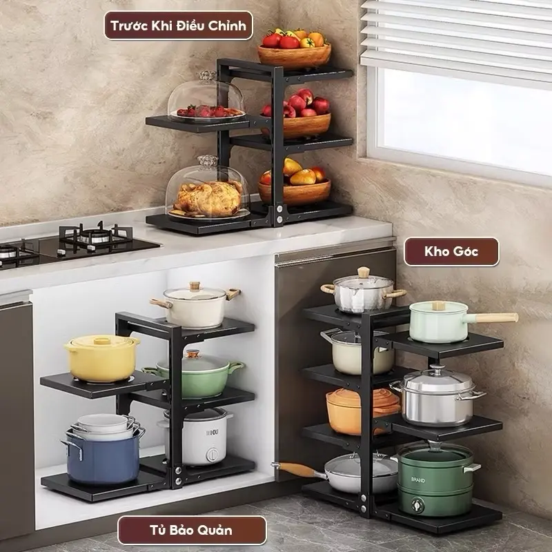 Kệ để xoong nồi nhiều tầng 4+3 tầng có thể điều chỉnh lên xuống 1