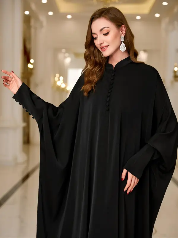 Arabic Clothing-Solid Button Front Batwing Sleeve Kaftan, Modest Mock Neck Long Sleeve Maxi Dress for Women, Women's Islamic Clothing for Spring, Modest Muslim Clothes 8