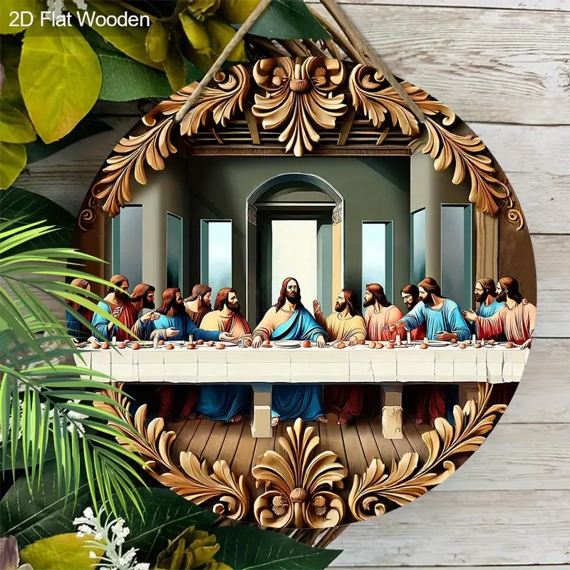The Last Supper Themed Wooden Sign, 1 Count 2D Flat Print Of Decorative Wall Hanging Plaque, Multipurpose Round Hanging Ornament for Home Decor 7