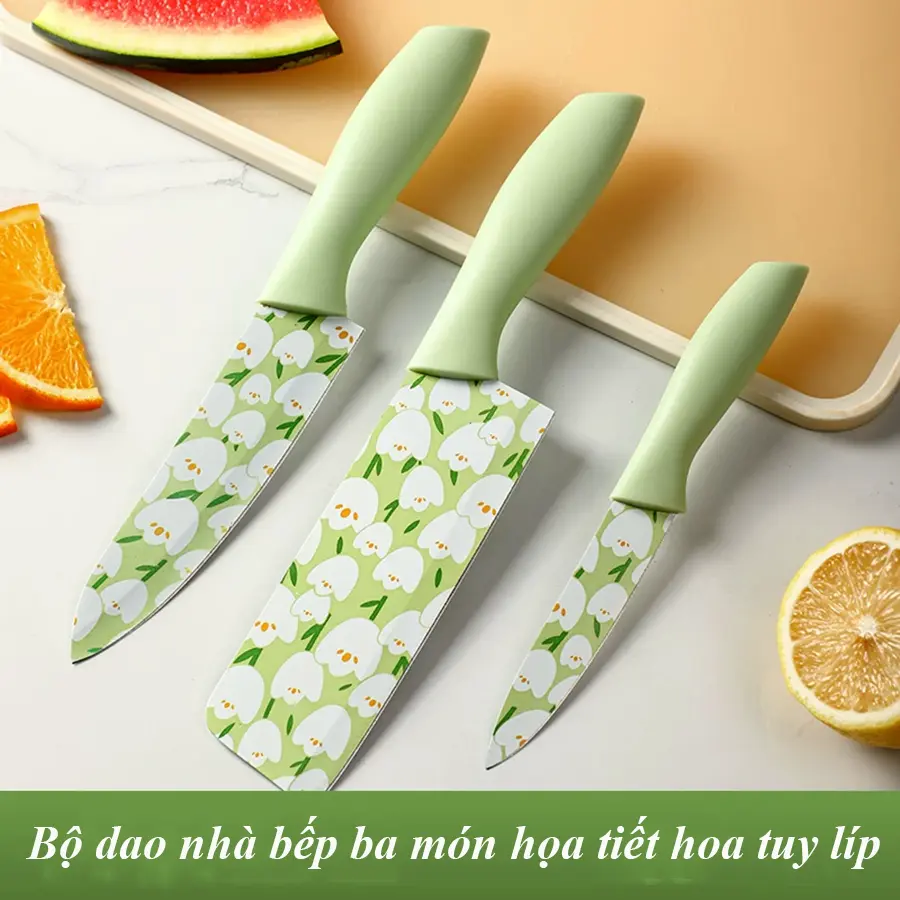 Bộ 3 dao nhà bếp - Dao làm bếp thép chống gỉ in họa tiết đặc sắc