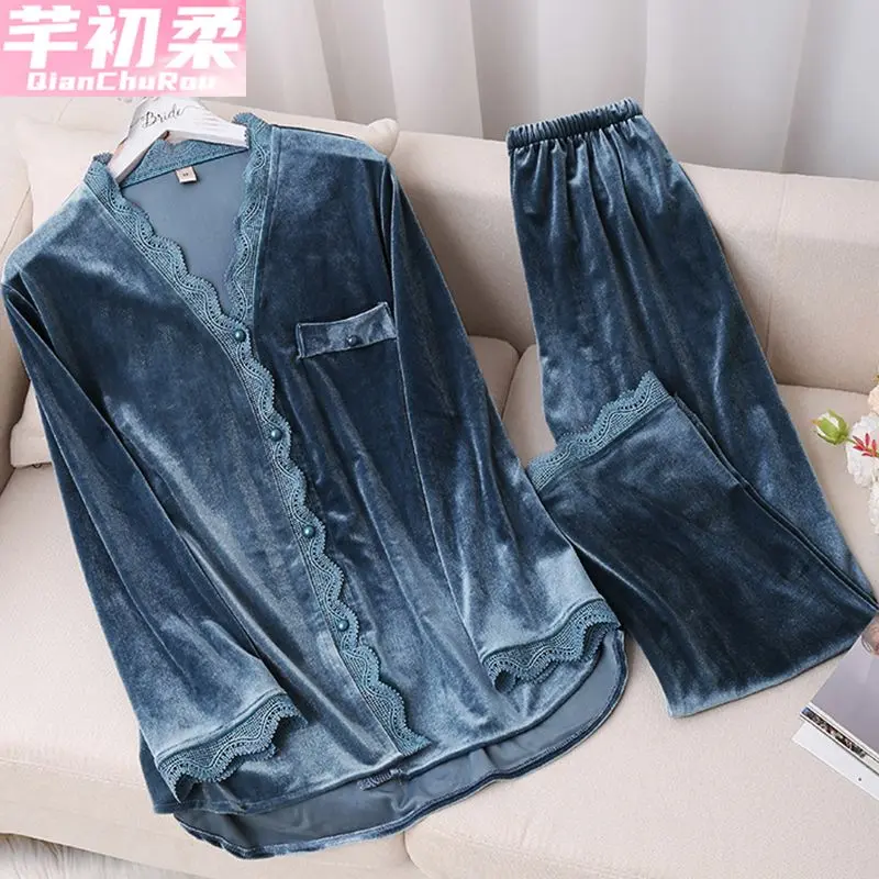 Đồ Ngủ Nhung Kim Cương, Cao Cấp, Dành Cho Nữ, Mùa Thu Và Mùa Đông, Bộ Đồ Mặc Nhà Dài Tay, Phong Cách Pháp Ngọt Ngào, Hàng Mới Về 2024, Cổ Búp Bê Cạp Cao Women 1