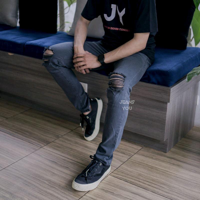 Celana panjang abu celana panjang pria jeans slimfit Polos 5