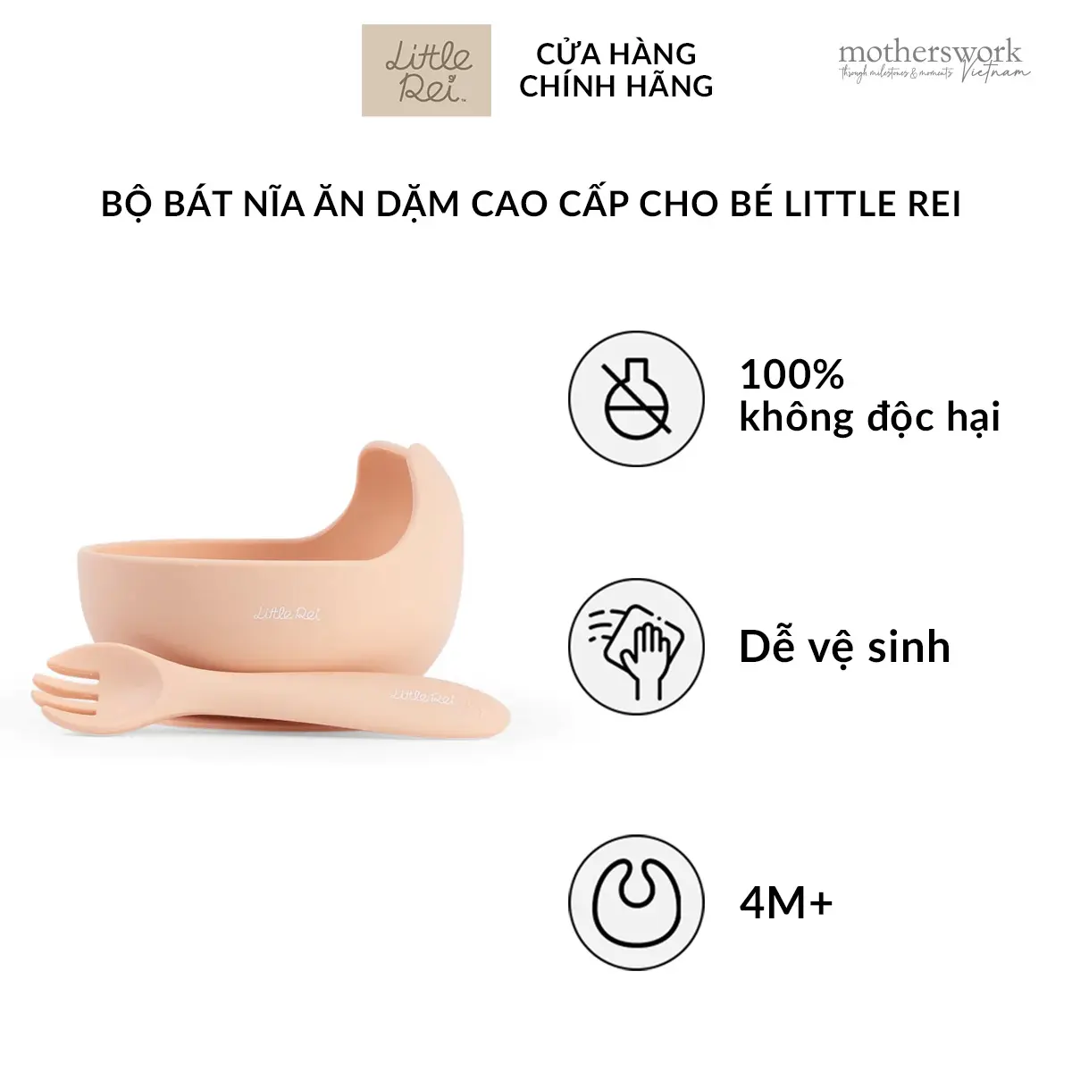 Bộ bát nĩa ăn dặm cao cấp, chất liệu silicon an toàn, dùng cho bé từ 4 tháng tuổi, thiết kế có đế hút giữ cố định - Little Rei Suction Bowl with Spork