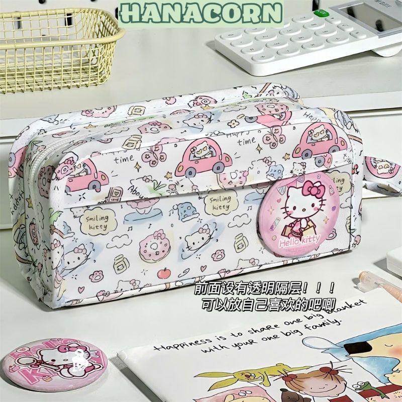 Túi bút nhiều ngăn HAPPY TIME HelloKitty ngăn trước trong suốt (HANACORN) - Ví bút, hộp bút dễ thương, làm quà tặng túi bút