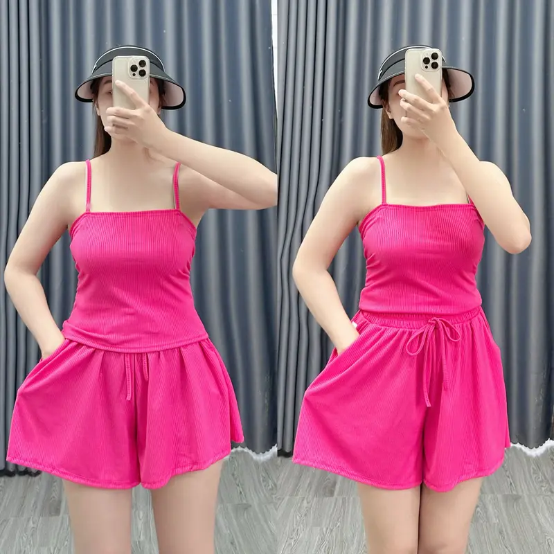 Set Bộ Đồ Áo Dây Bigsize Kèm Quần Đùi Lưng Cao Chất Liệu Gân Tăm Nhí Vo Giãn Thấm Hút Mồ Hôi Mát Và Dễ Chịu SET19 5