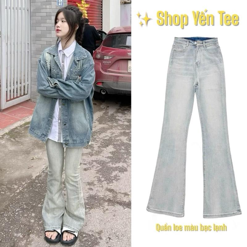 Quần jeans loe nữ màu Bạc lạnh xu hướng 2025 Yến Tee , mặc đi học, đi chơi , ống may dễ mặc áo Pants Women Denim Có Túi quần  jean quần  ống  loe  vintage