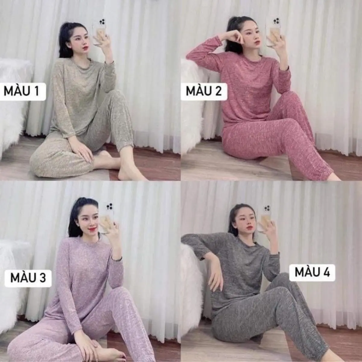 Bộ ngủ cotton, bộ thu đông - Set bộ đồ quần áo cotton muối tiêu nữ