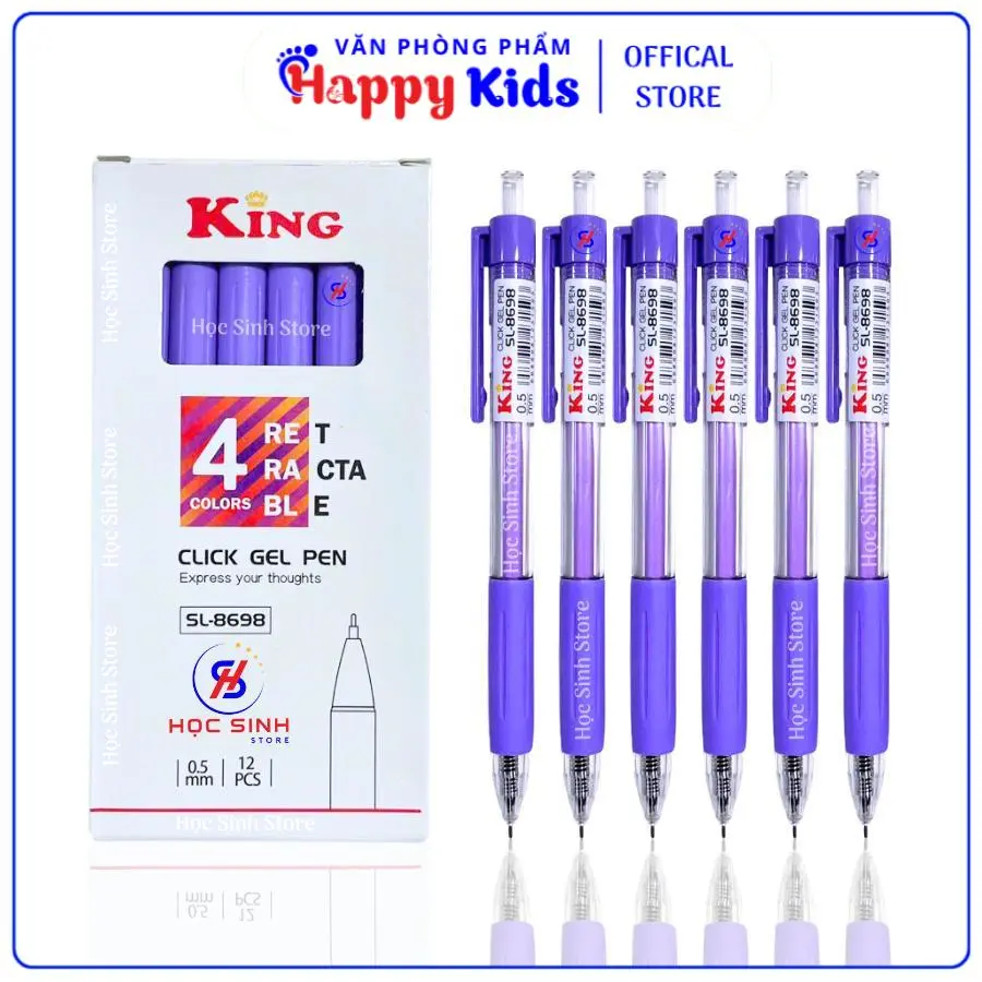 Hộp 12 Cây Bút Gel King SL-8698 0.5mm (Xanh, Đỏ, Tím) Chất Lượng Tốt - VPP Happy Kids