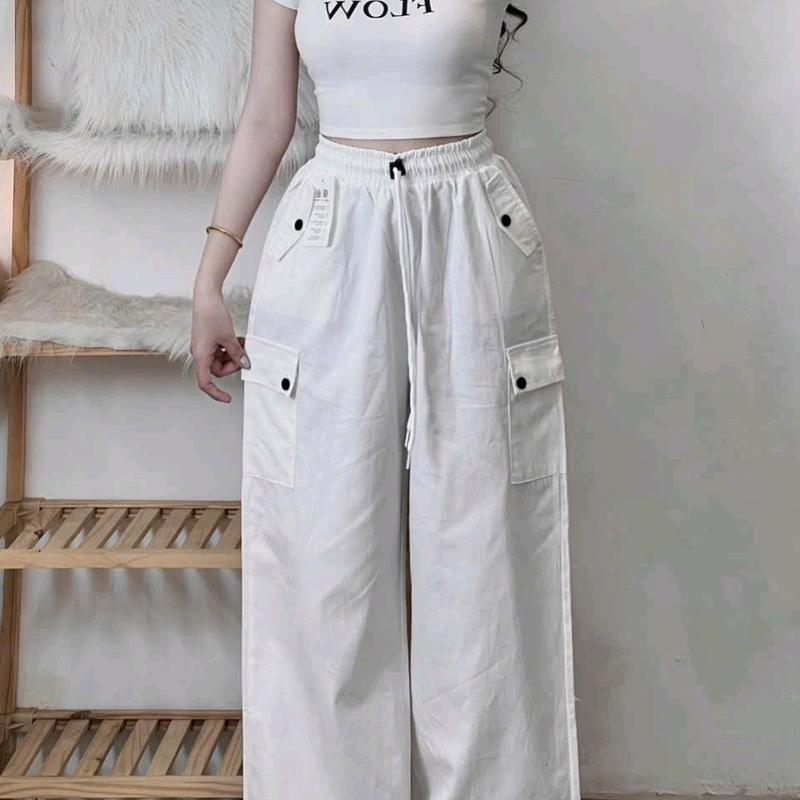 Quần kaki ống rộng túi hộp nữ lưng thun có dây rút Women Ong Pants Nhung suông 4