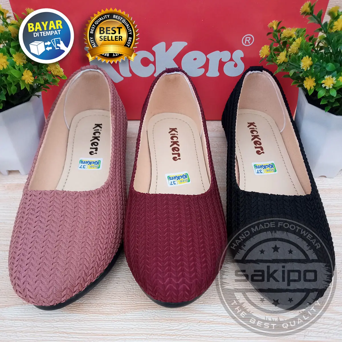 Sakipo Flatshoes Wanita Dewasa Hitam Kerja Kuliah Sepatu Balet Wanita Rajut Kickers Tanpa Hak Karet