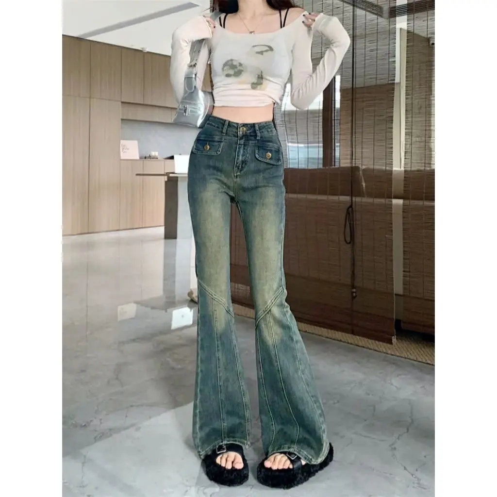 Quần jeans ống loe retro phong cách Hong Kong 2025 cho nữ cạp cao, quần ống loe hình móng ngựa nhỏ cho nữ