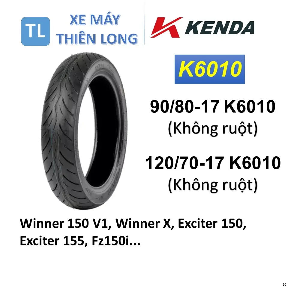 50. Lốp vỏ KENDA không ruột 90/80-17 K6010 & 120/70-17 K6010 dành cho xe Winner 150 V1, Winner X, Exciter 150, Exciter 155, Fz150i...