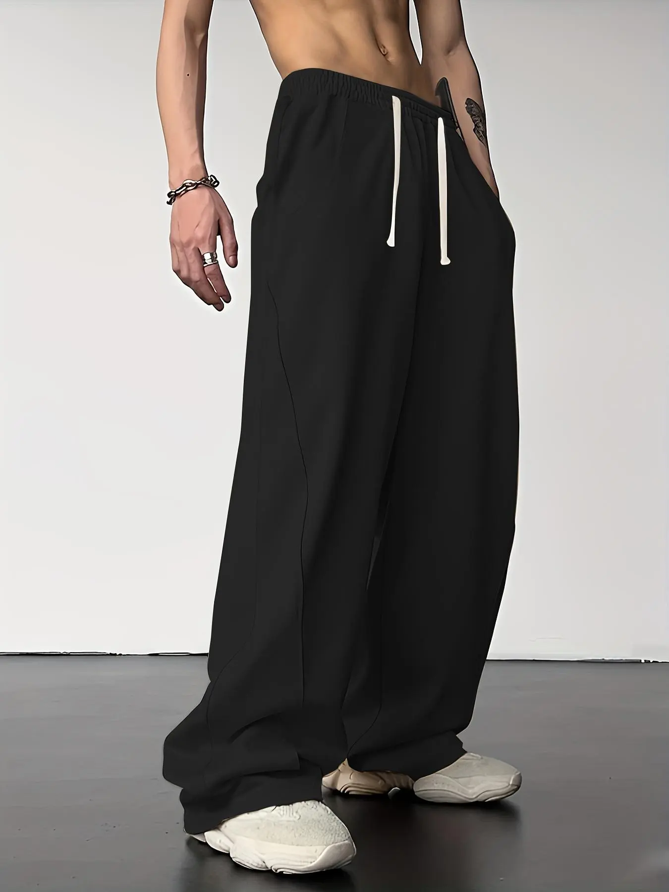 Men's Solid Pocket Drawstring Waist Wide Leg Sweatpants, Street Fashion Casual Loose  Pants for Daily Wear, Men's Fall & Winter Trousers