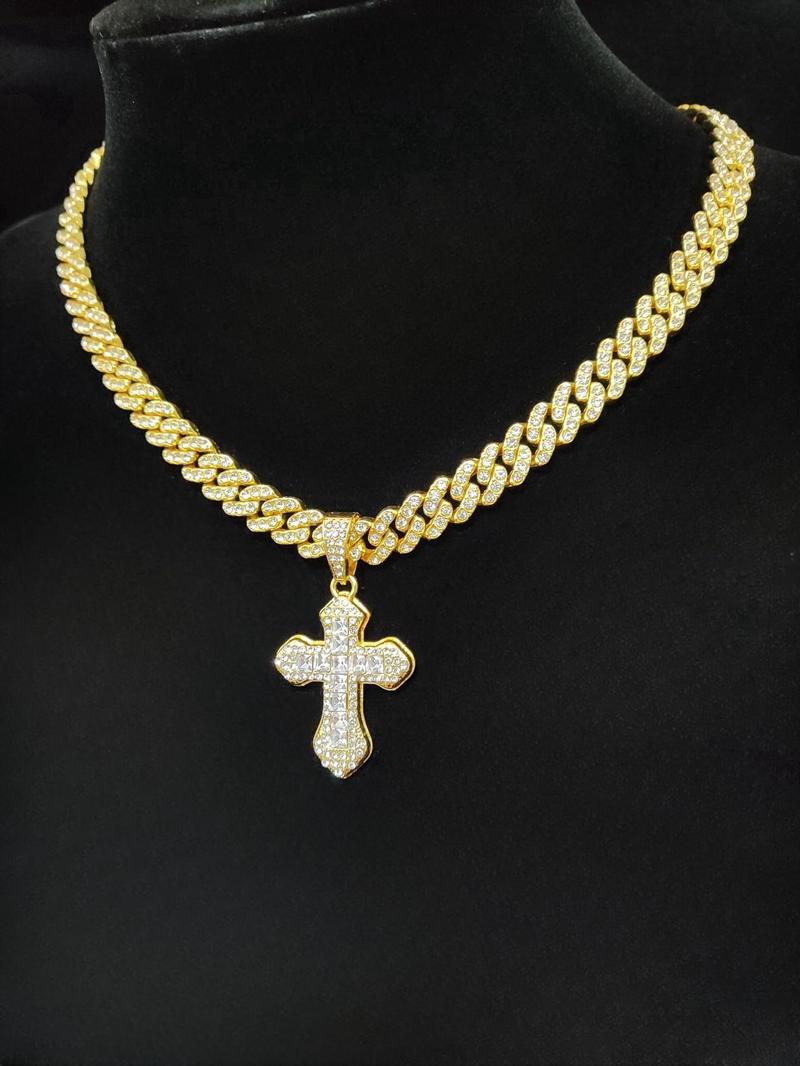 Product Introduction of 2024 Trendy Rhinestone Cross Pendant Necklace for Men & Women,  Punk Style Cuban Link Chain Jewelry Gift for Daily Decoration, Classic Fashion Accessories for Party, Club 4
