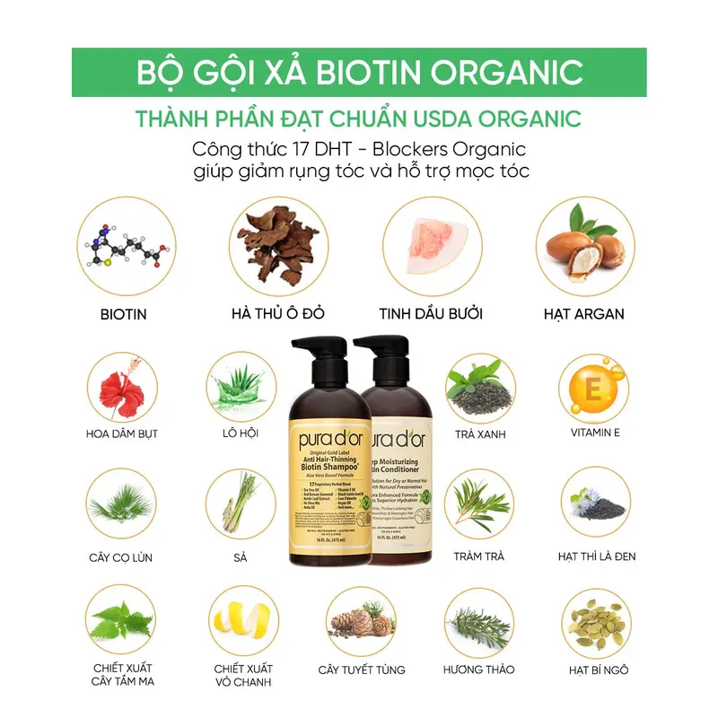 Combo 3 Bước Dầu Gội, Dầu Xả, Giảm Rụng Tóc Organic Pura D'or Biotin Gold Label 473ML | Chăm Sóc Tóc, Chăm Sóc Da Đầu, Dưỡng Tóc, Hỗ Trợ Mọc Tóc - Mega livestream 5