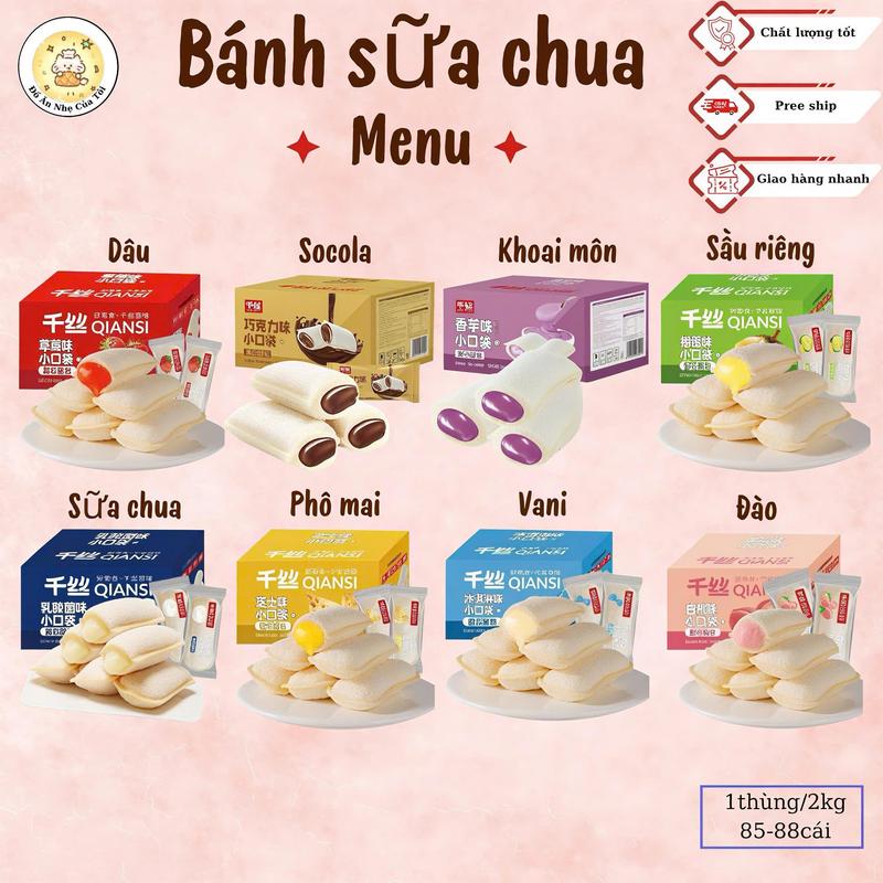 Bánh sữa chua trộn túi nhỏ 2kg 85-87 miếng các loại bánh ăn vặt có 8 hương vị: sữa chua sô cô la khoai môn đào dâu vani sầu riêng phô mai. Thơm ngon cho bữa trà chiều và ăn vặt.,bánh ăn vặt mix đủ loại đồ ăn vặt ngọt đồ ăn vặt đủ loại
