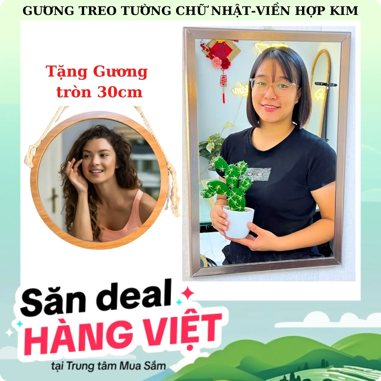 Gương treo tường chữ nhật treo nhà tắm kích thước 30x45cm, tặng gương trang điểm viền gỗ decor phòng dẹp, guonghoangkim Gương Toàn Thân