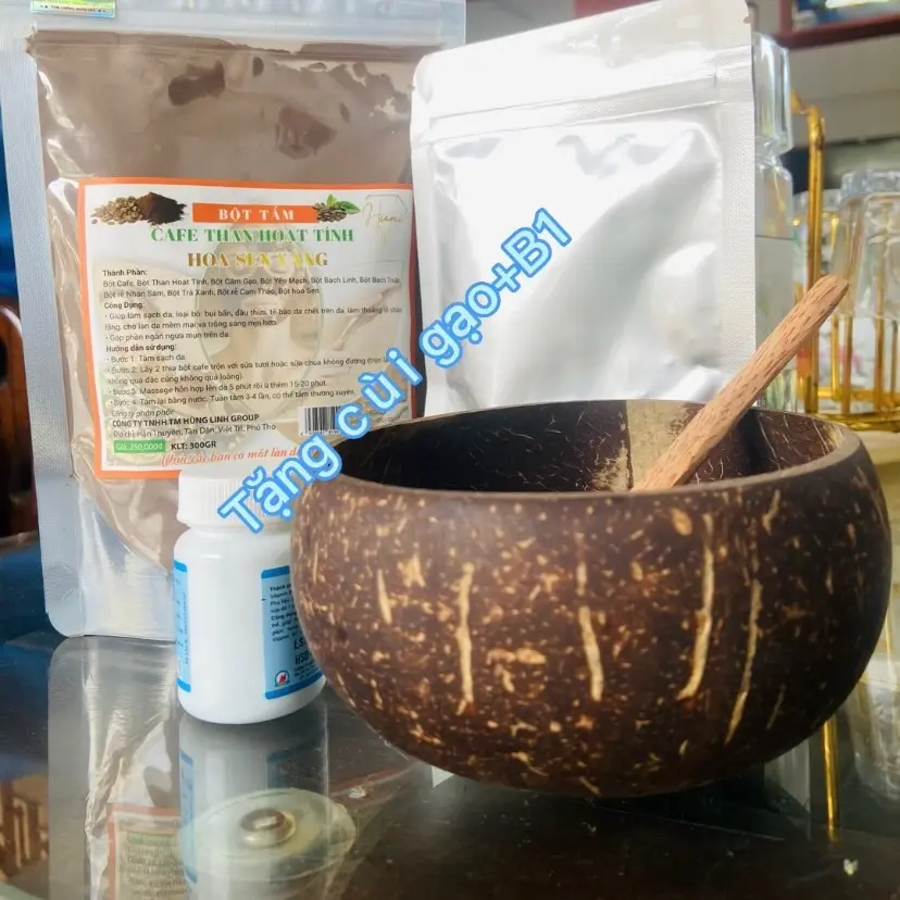 [Tặng bát dừa+cùi gạo] Bột Tắm Trắng Cafe Than Hoạt Tính Cao Cấp(Tặng bát dừa và cùi(cám) gạo) Không chứa silicon Dưỡng Body Skincare Sen Làm Đẹp Da Women Hoa Sen