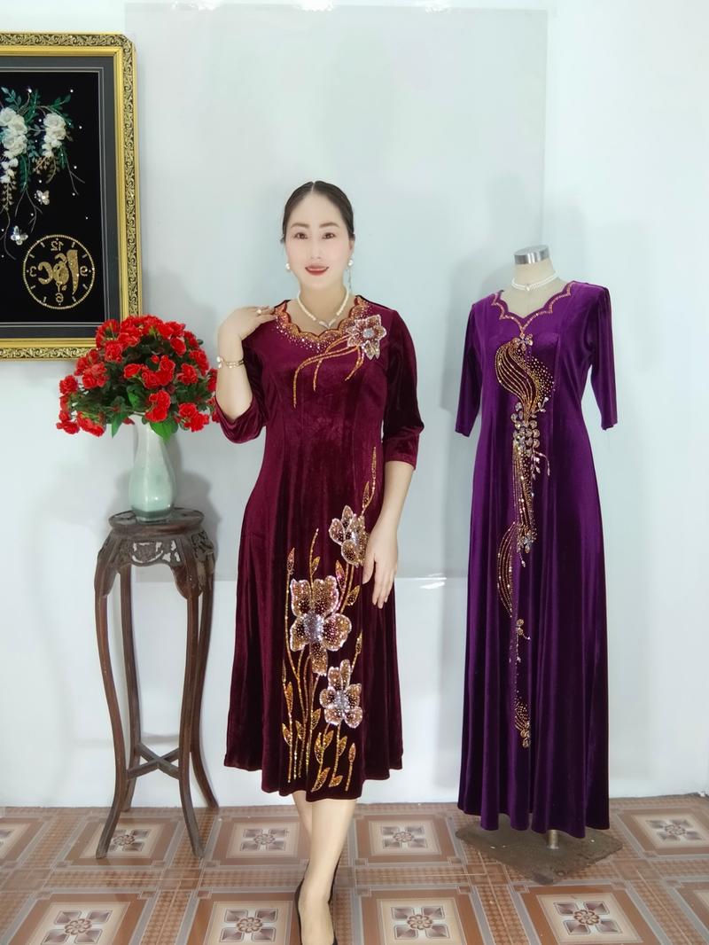 Product Introduction of ĐẦM NHUNG TRUNG NIÊN ĐÍNH ĐÁ KIM SA  #VH059 ,SANG CHẢNH QUÝ PHÁI TẶNG BÀ, TẶNG ME YÊU Nữ Women Dress Kim Tuyến Xanh Rêu 3