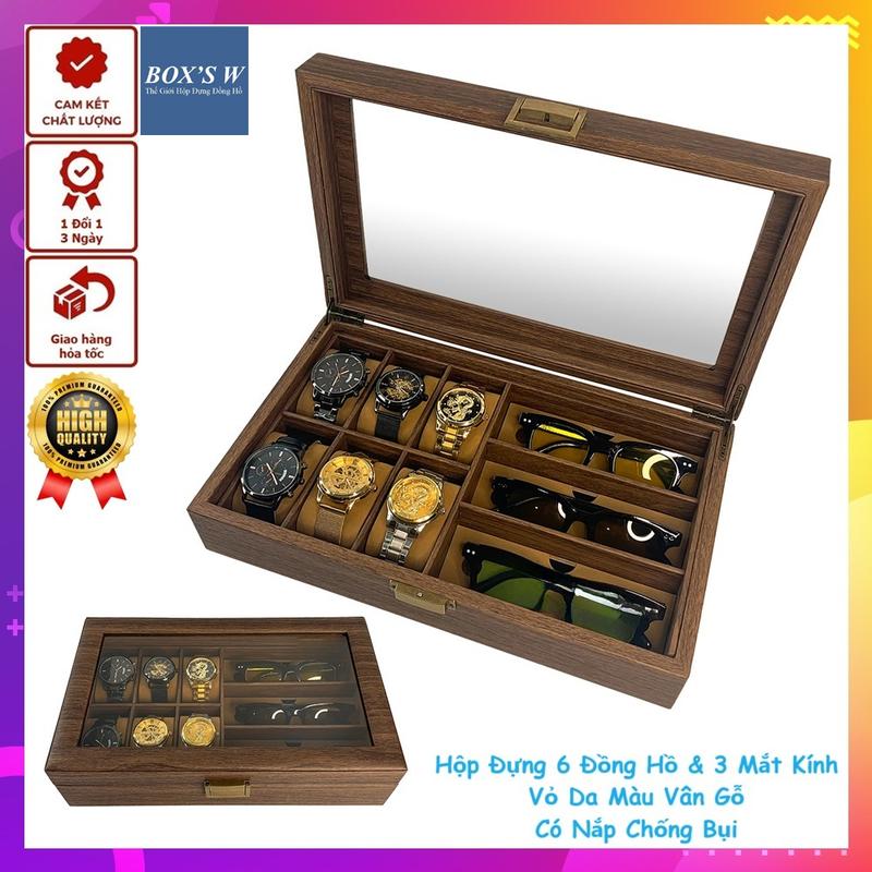 Hộp Đựng Đồng Hồ 6 Ngăn + 3 Mắt Kính Vỏ Da Màu Vân Gỗ - Hộp Để Kính Mát & Đồng Hồ Đeo Tay Có Nắp Chống Bụi