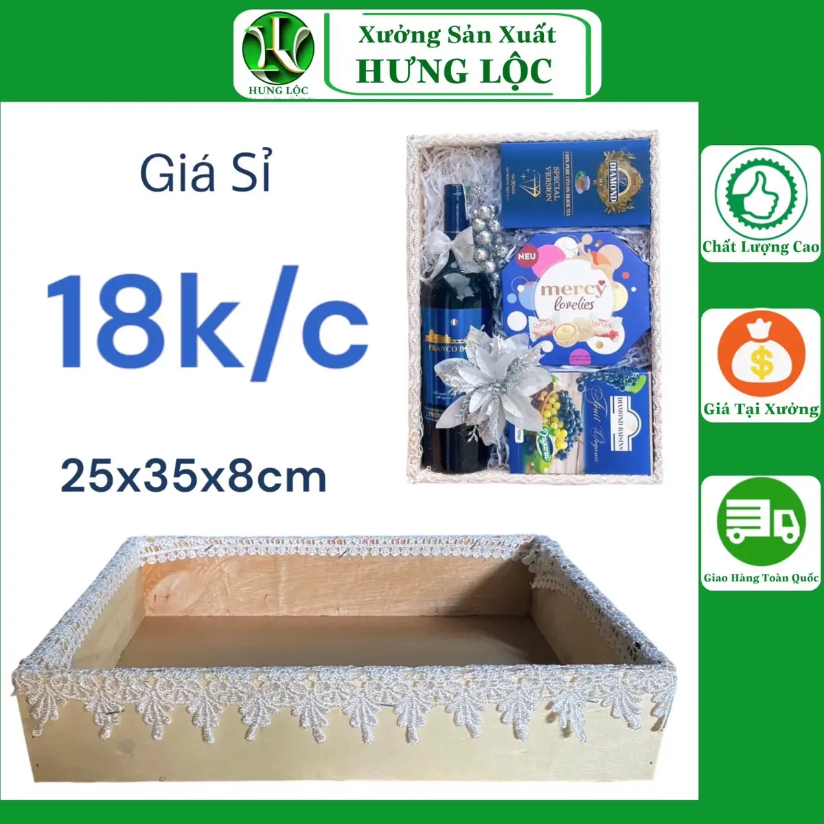 Khay gỗ viền ren trắng gói quà tết, gói hoa quả trái cây, kích thước 20x30cm và 25x35cm