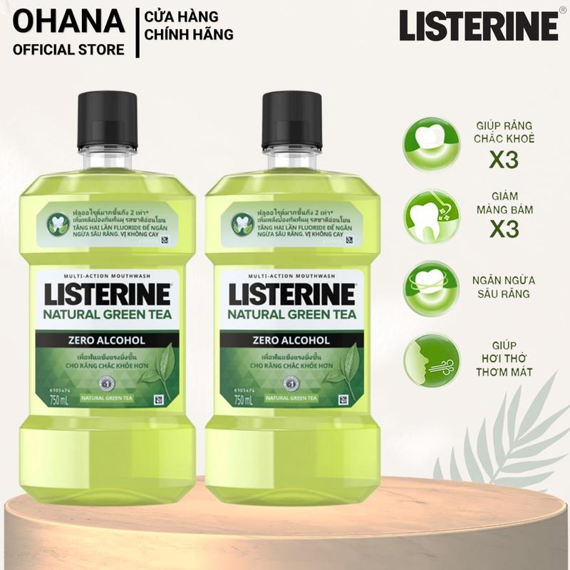 Bộ 2 Chai Nước Súc Miệng Listerine Trà Xanh Ngừa Sâu Răng, Hơi Thở Thơm Mát Listerine Green Tea Zero Alcohol 750ml/Chai