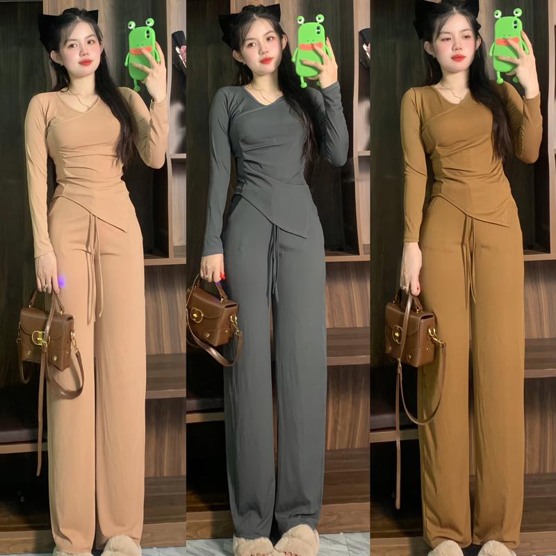 Bộ quần áo nữ Bigsize kiểu dáng áo vạc chéo che bụng quần dài mặc ủ kem - Nhung, Women - S1993 Top Jacket