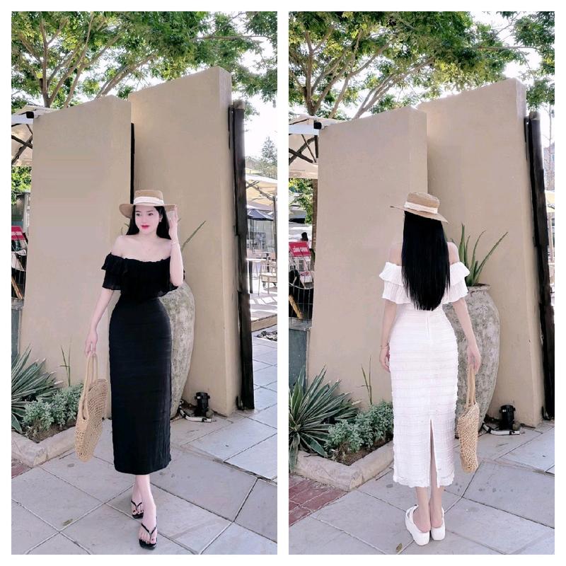 Váy len ren body trễ vai dập ly .Đầm trễ vai dự tiệc đẹp. Nữ Tre Dress Đen