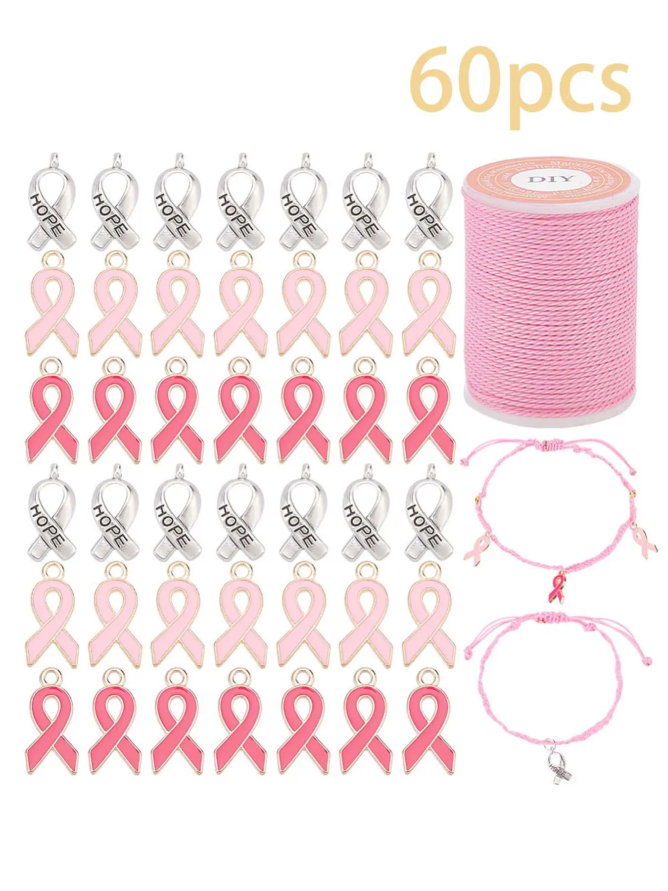 Breast Cancer Awareness Theme Charms, Ribbon Design Pendants, Enamel Dangle Charms with Waxed Cord, Jewelry Making Crafts