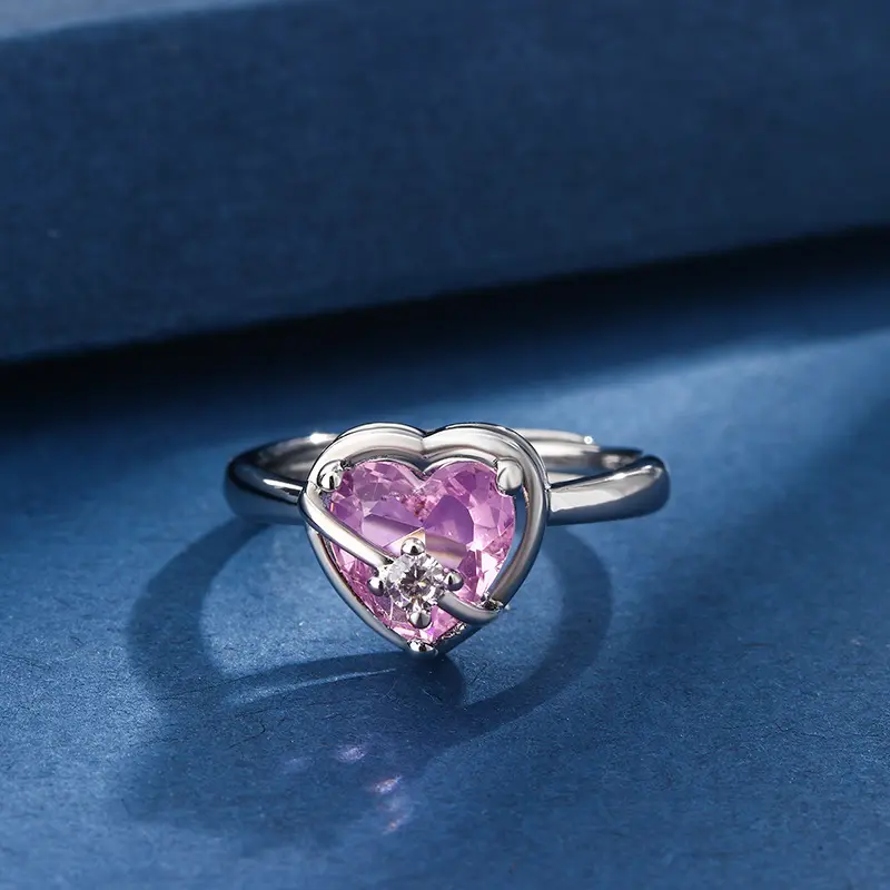 At Sight Pink Zirconium Heart-Shaped Open Ring 2024 New Trendy Light Luxury High-Grade Sense Niche Index Finger Ring Women rhinestone  car