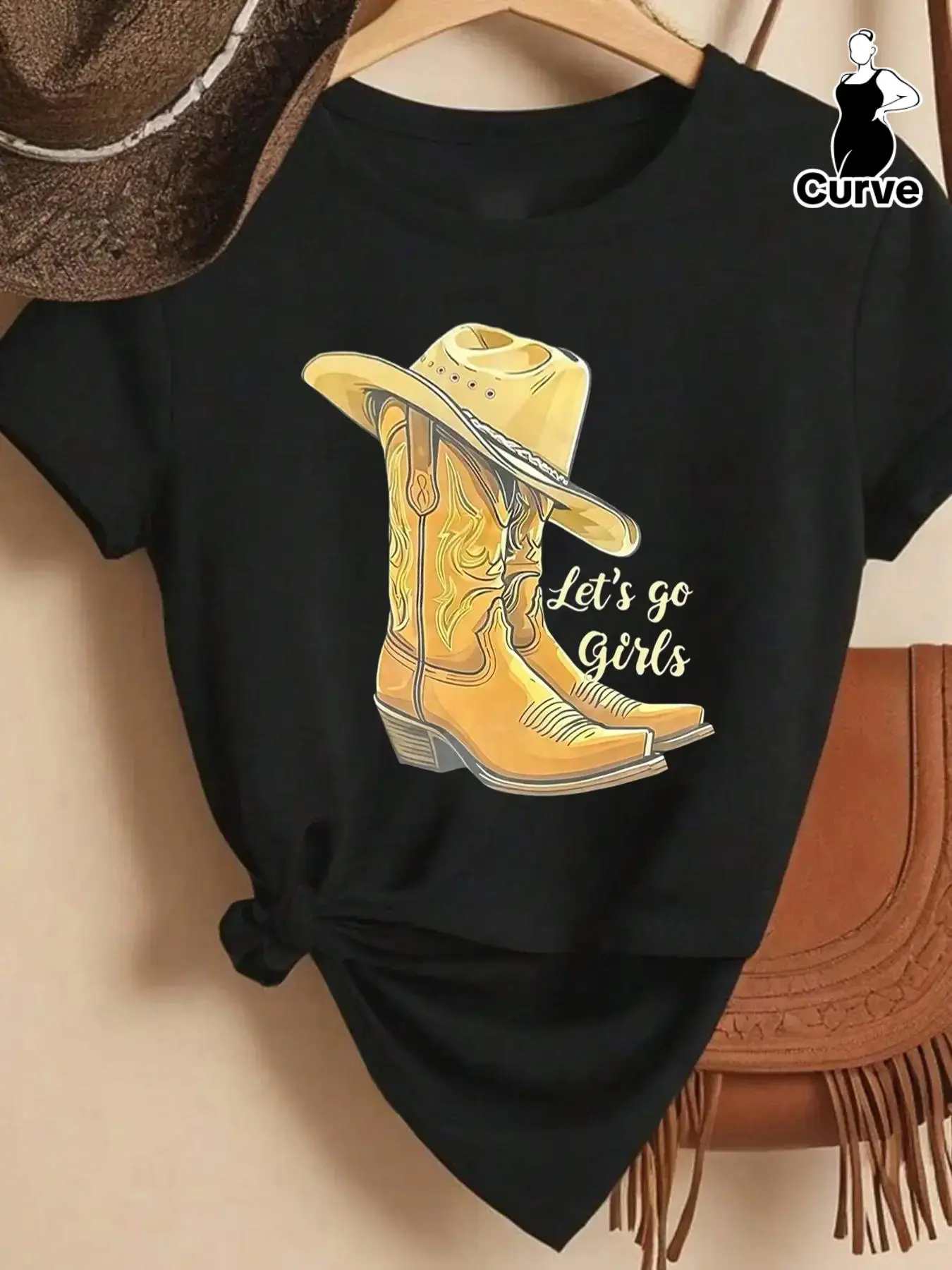 【Plus Size】 Letter & Cowboy Hat Print Round Neck Tee, Casual Short Sleeve T-shirt for Summer, Women's Plus Clothing for Daily Wear, Cowboy T Shirt, Western Tops