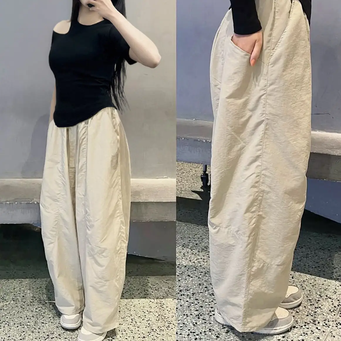 Quần Harem Women Parachute Pants Bigsize Gladimax, Quần Gió Nhăn Cao Cấp Dáng Thụng Gladimax Bản Đầy Đủ Đen