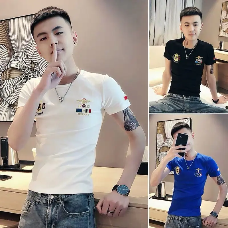 Quần Áo Nam Ôm Sát, Phong Cách Xã Hội, ngắn Tay, In Hợp Xu hướng Phong Cách Hàn Quốc, Tay Lửng Áo, Áo Phông Chàng Trai Thông Minh Quần Áo Hàng Đầu, PCs