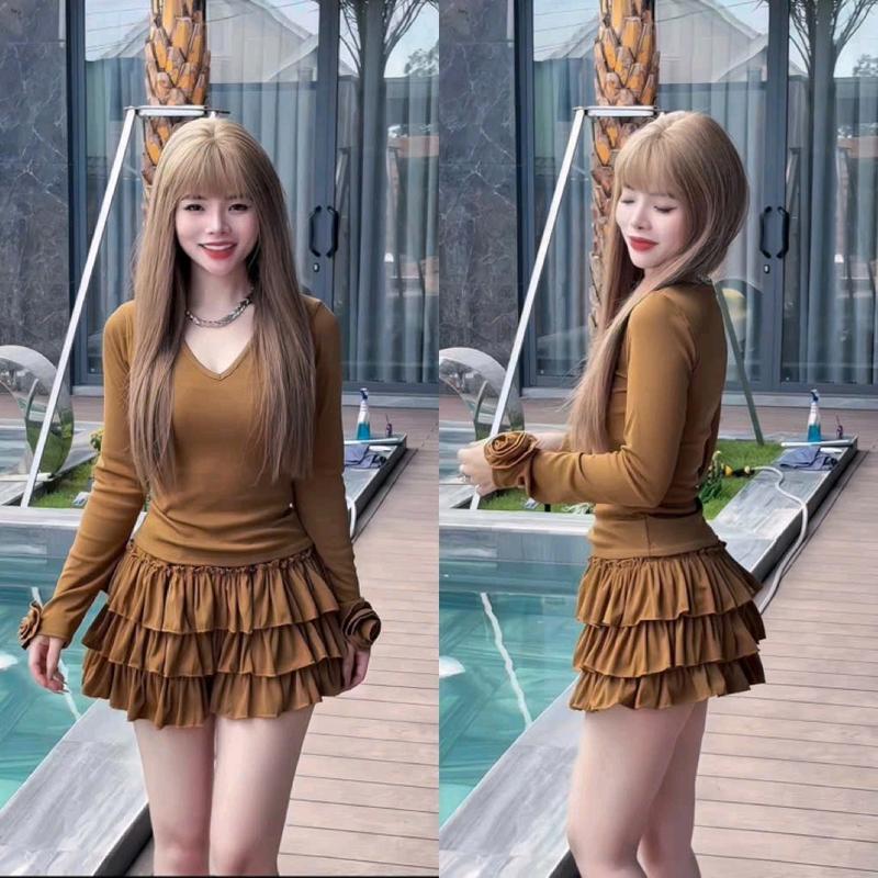 Sét áo cổ tim tay dài hoa kèm chân váy 3 tầng 40/65kg