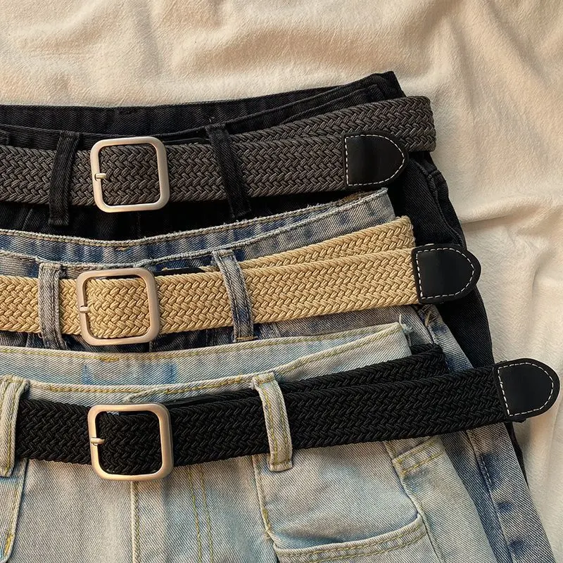 Thắt Lưng Vải Bố, Dành Cho Nam Và Nữ, Khóa Vuông Không Lỗ, Thời Trang Hàn Quốc, Cá Tính, Dệt, Vòng Đơn, Không Cần Đục Lỗ, Thích Hợp Cho Quần