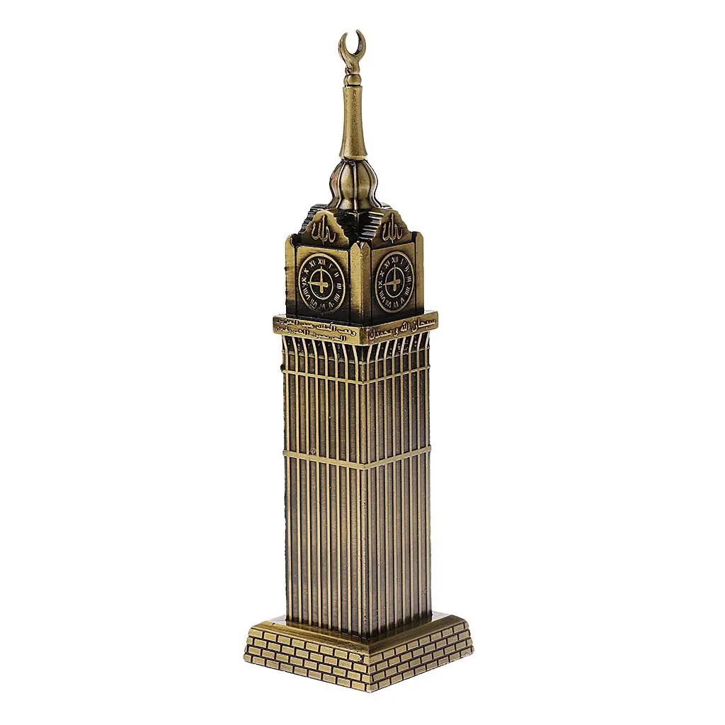 Patung Menara Mekah Logam Retro, LazaraHome, dengan Jam, Model Patung Bangunan, Hiasan Rumah