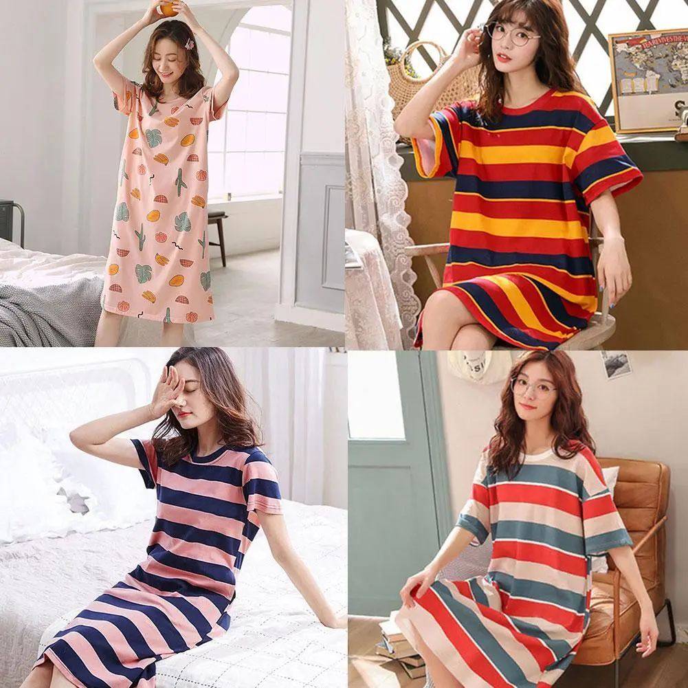 Baju Tidur Lengan Pendek, Untuk Wanita, Pakaian Musim Panas, Leher Bulat, Rekaan Berjalur, Sesuai untuk Dipakai Di Rumah, Cetakan Leher, L1A1