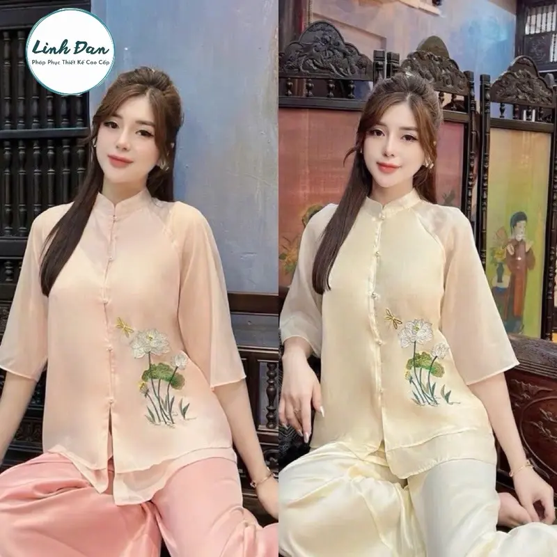 Bộ pháp Phục Linh Đan, Bộ quần áo đi chùa chất liệu tơ 3 lớp thêu hoa thanh đình Nữ 0