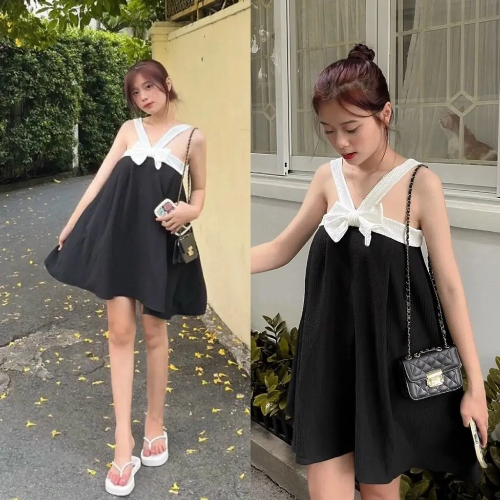 Đầm Baby Doll Nơ Trắng Phối Dây Áo Bản To Form Rộng - Váy Suông Xinh Xắn Dễ Thương