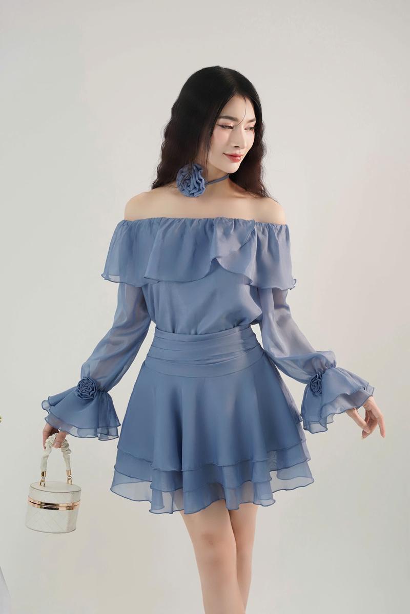 Product Introduction of Váy Dự Tiệc Trễ Vai Tay Đính Hoa Phối Chân Váy Xòe 3 Tầng Cira Boutique D0939 - Voan Tơ - Size S/M/L - Be/Xanh/Đen - Nữ - Dress, Women Tre váy  tiệc 22