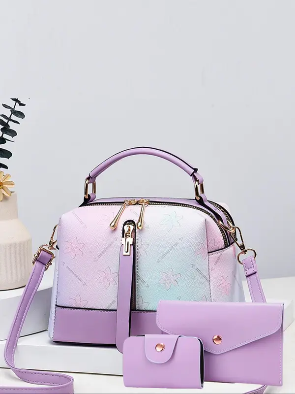 Women's Fashionable Floral Pattern Handbag & Crossbody Bag & Wallet, Casual Versatile PU Leather Shoulder Bag Set, Trendy All-match Bag Set for Daily Use 0