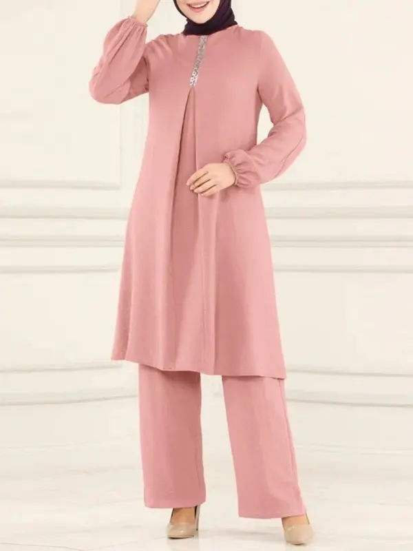 Women's Plain Contrast Sequin Bishop Sleeve Round Neck Top & Wide Leg Pants Islamic Set, Casual Long Sleeve Top & Trousers for Daily Wear, Ladies Islamic Clothing for All Seasons,abaya for women 3