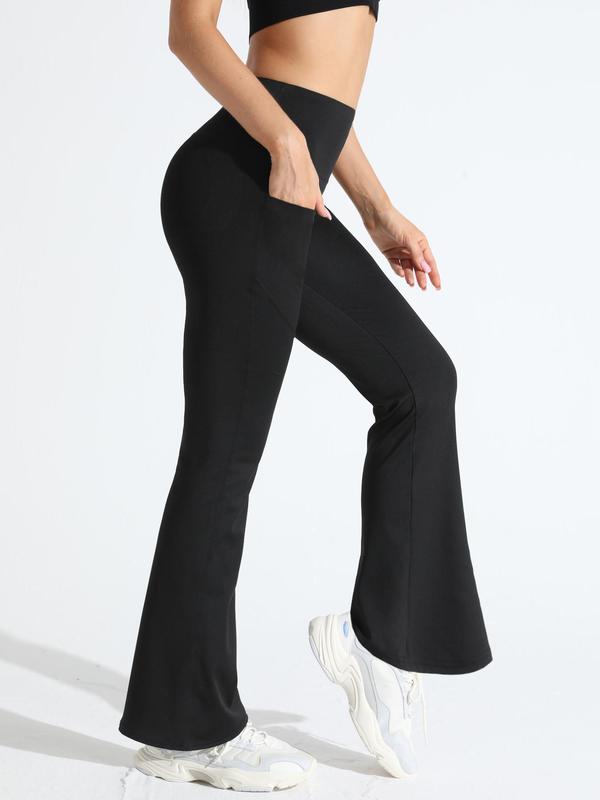 Sporty Women's Plain High Waist Flare Leg Sports Leggings, Comfy Pocket Design Bell Bottom Trousers for Yoga Gym Workout Running, Ladies Sportswear for All Seasons 2